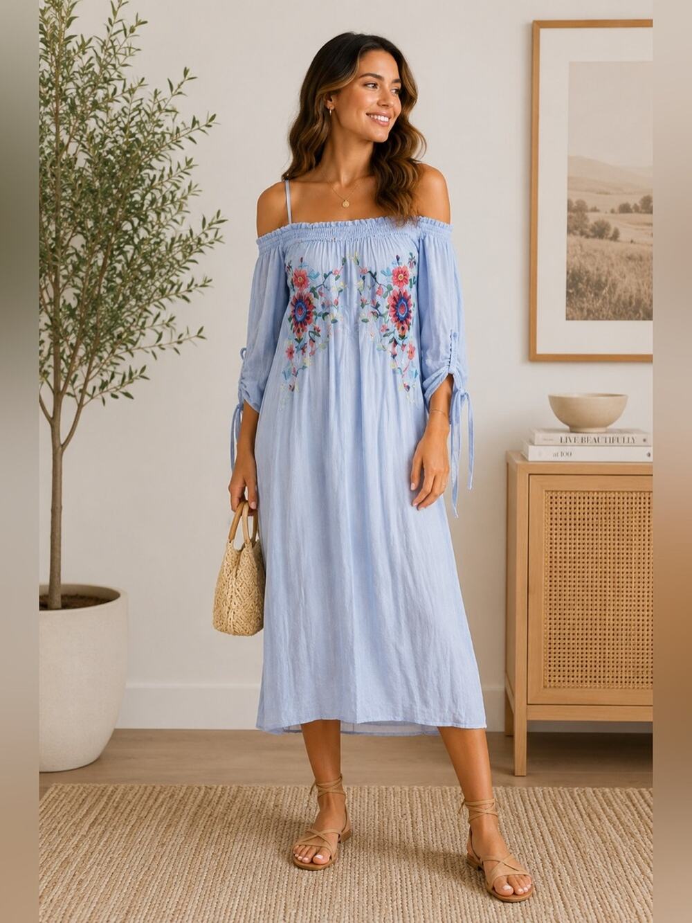 True Destiny NWT Embroidered MIDI Boho Blue Dress off the shoulder with straps.